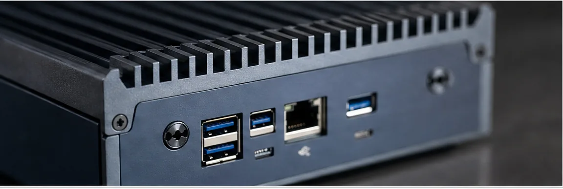 Anschlüsse und Kühlrippen eines On-Premise Mini-PC-Servers