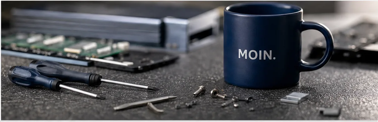Werkzeug und Kaffeetasse mit Aufschrift MOIN. auf der Werkbank